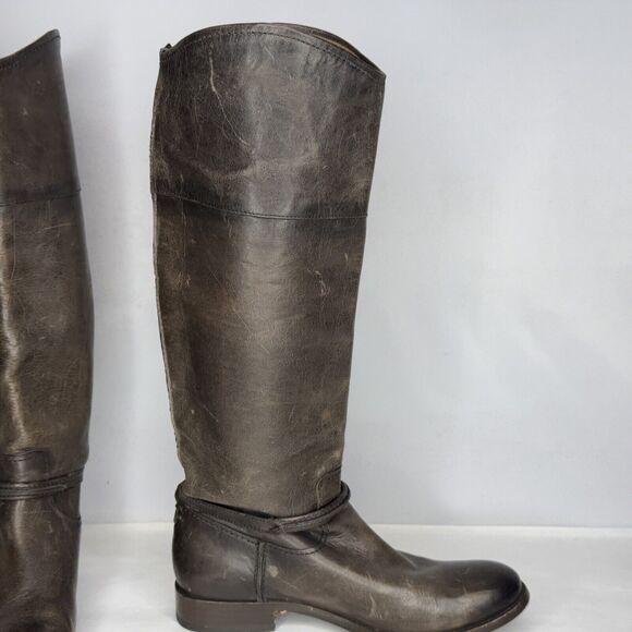 Frye Knee High Riding Boots Womens Size 7 Brown Leather Distressed Biker Pull On - Picture 8 of 13